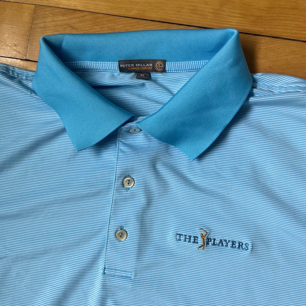 Peter Millar Summer Comfort The Players Golf Polo Shirt Mens XL Blue Striped